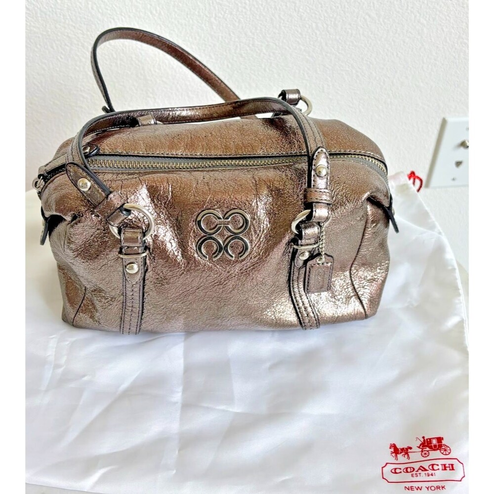 Coach Julia Metallic Silver Leather Structured Satchel Bag with dustbag
